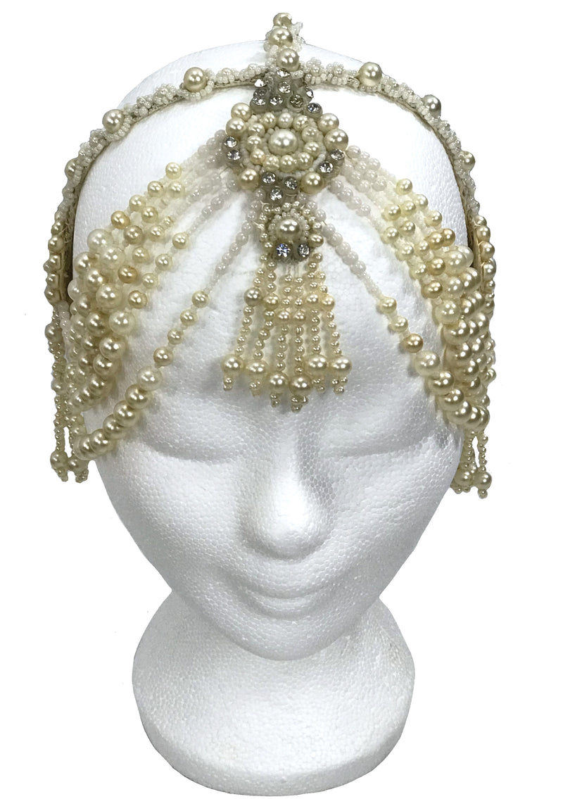 Rare 1920s Ivory Faux Pearl Beaded Headpiece- New!