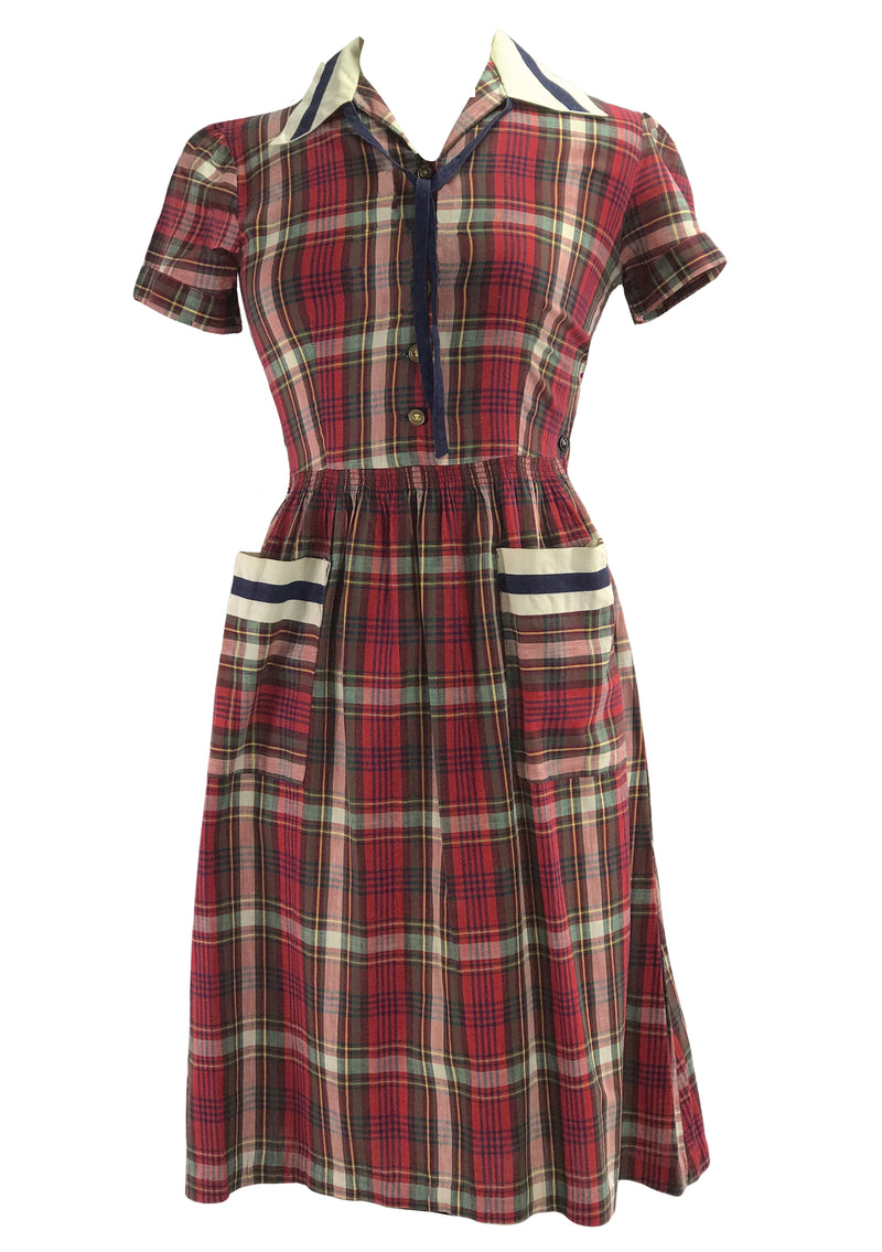 Early 1940s Plaid Cotton Sailor Dress- New!