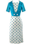 Late 1950s Early 1960s White Pique & Blue Polka Dots Dress Ensemble - New!