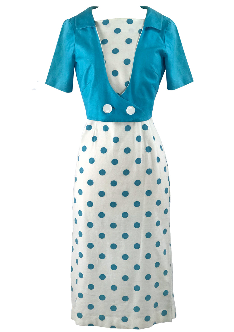 Late 1950s Early 1960s White Pique & Blue Polka Dots Dress Ensemble - Coutura Vintage Late 1950s Early 1960s White Pique & Blue Polka Dots Dress Ensemble - Coutura Vintage