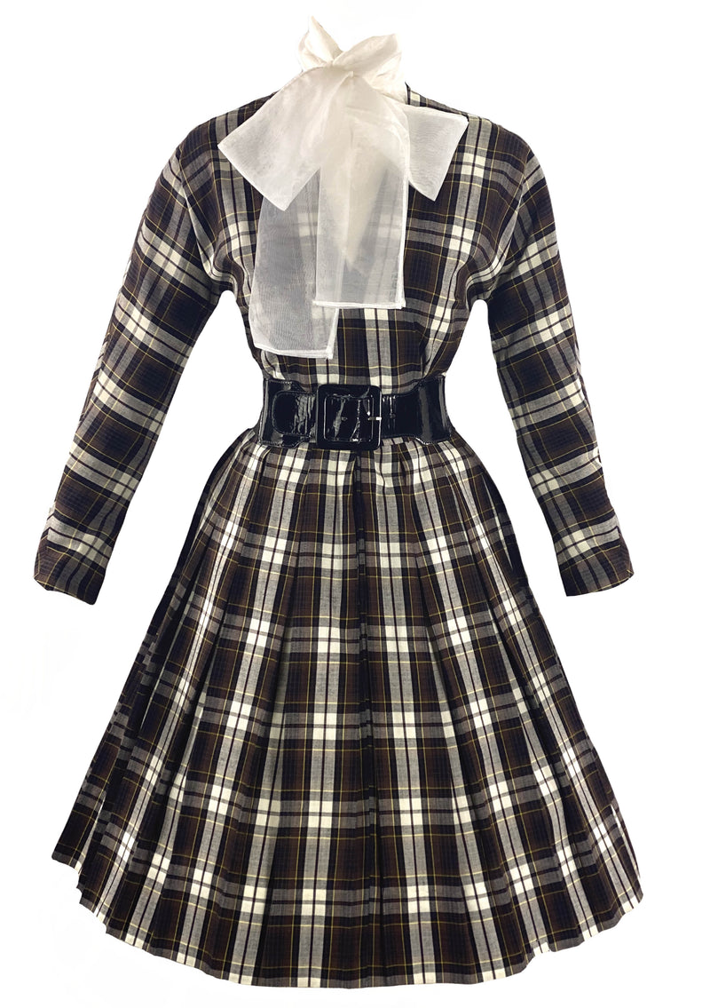Late 1950s to Early 1960s Brown Plaid Cotton Dress- New!
