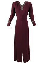 Stylish 1940s Burgundy Crepe Gown with Rhinestones and Beads- New!