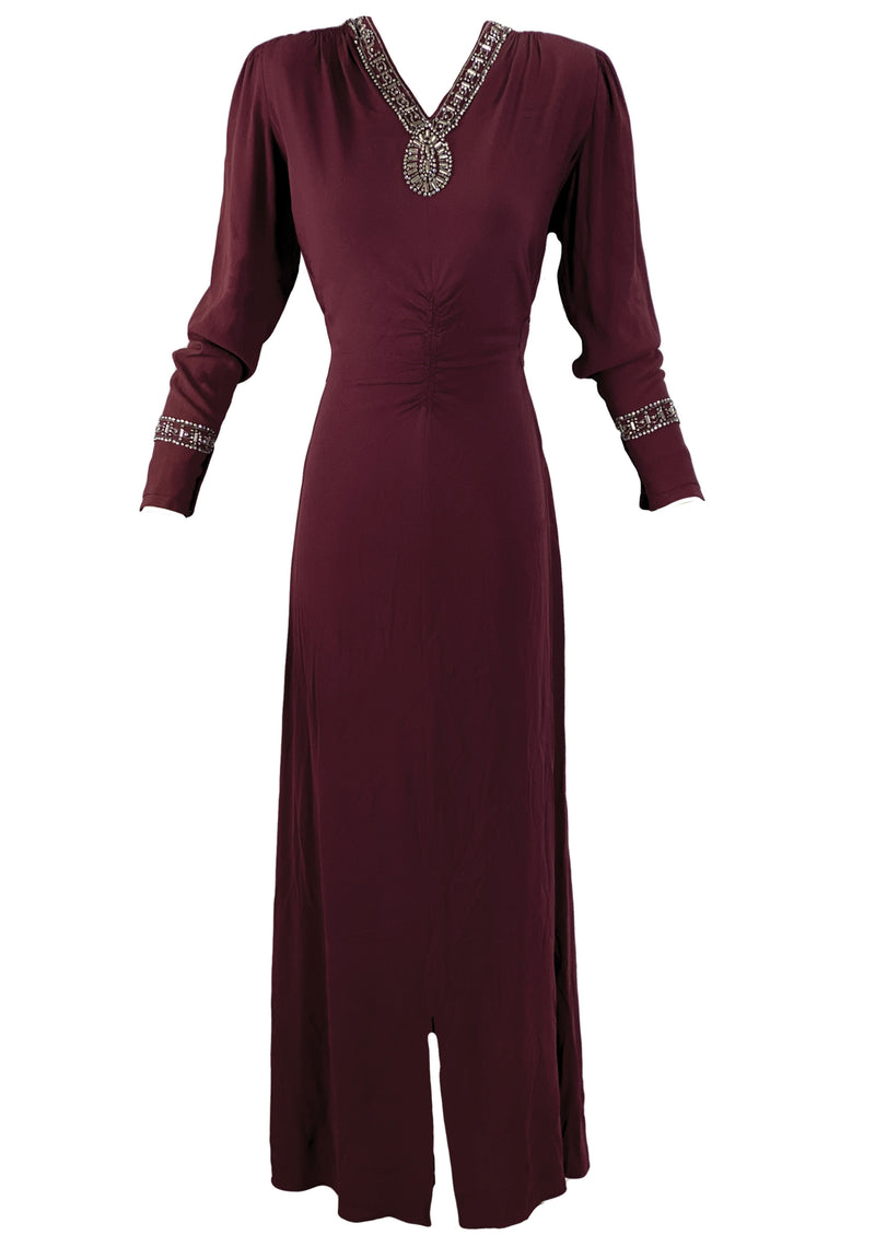 Stylish 1940s Burgundy Crepe Gown with Rhinestones and Beads- New!