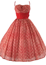 Vintage 1950s Red & White Flocked Party Dress - New!