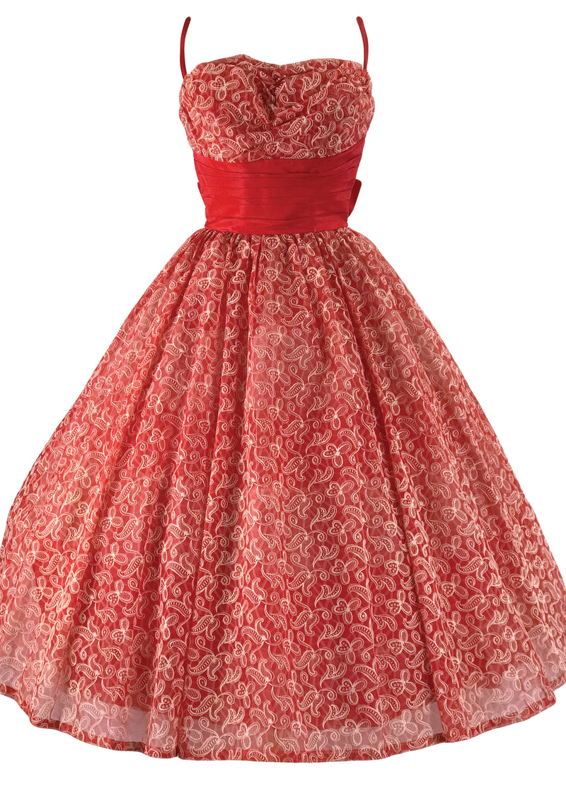 Vintage 1950s Red & White Flocked Party Dress - New!