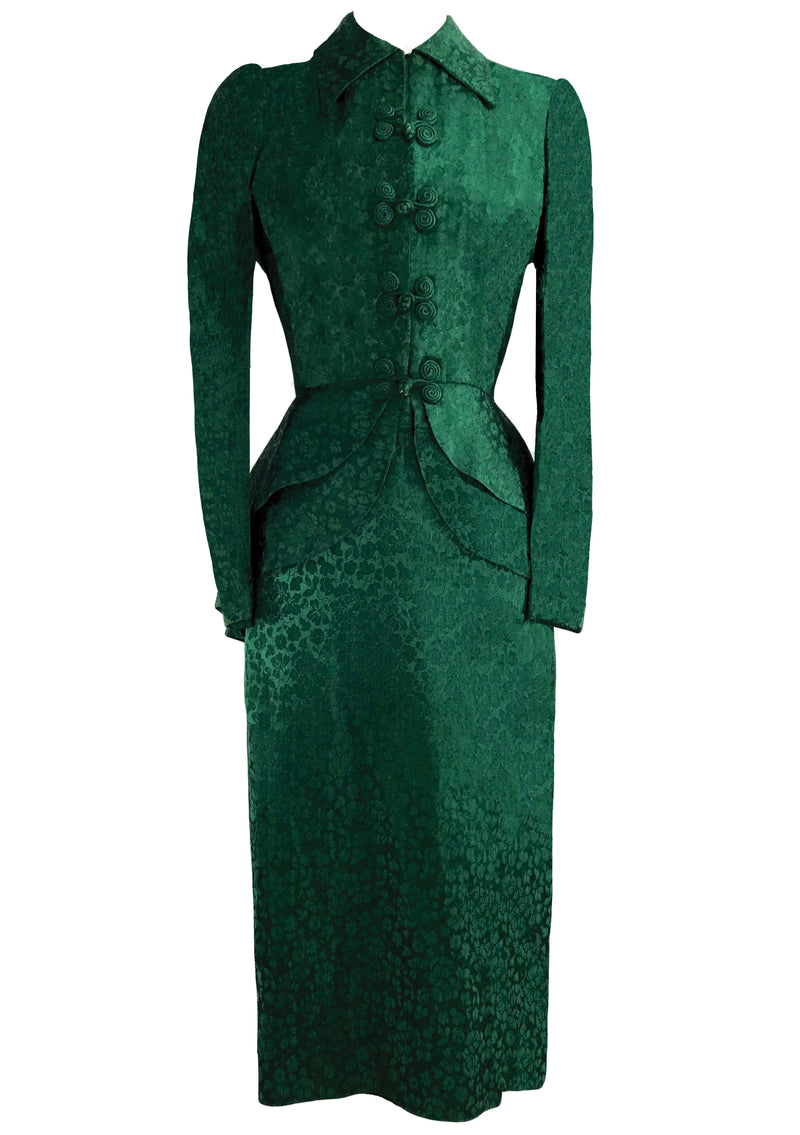 Late 1940s Designer Emerald Green Damask Suit- New!