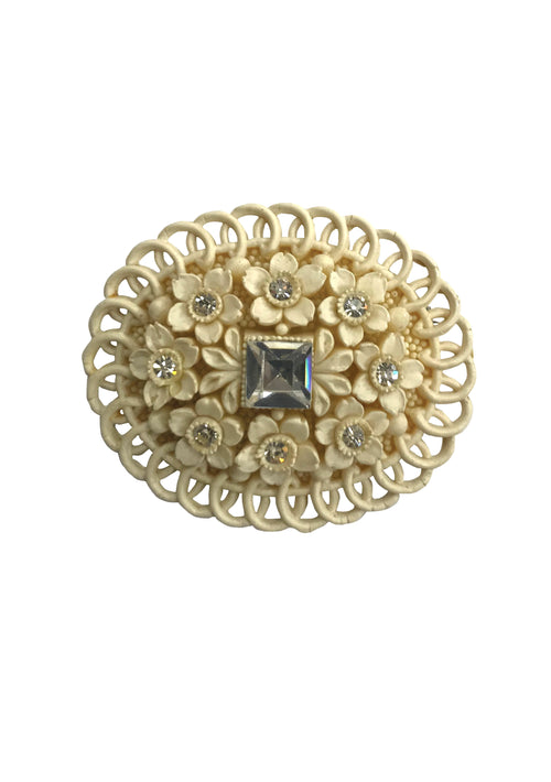 Vintage 1930s Cream Celluloid Brooch with Rhinestones - New!