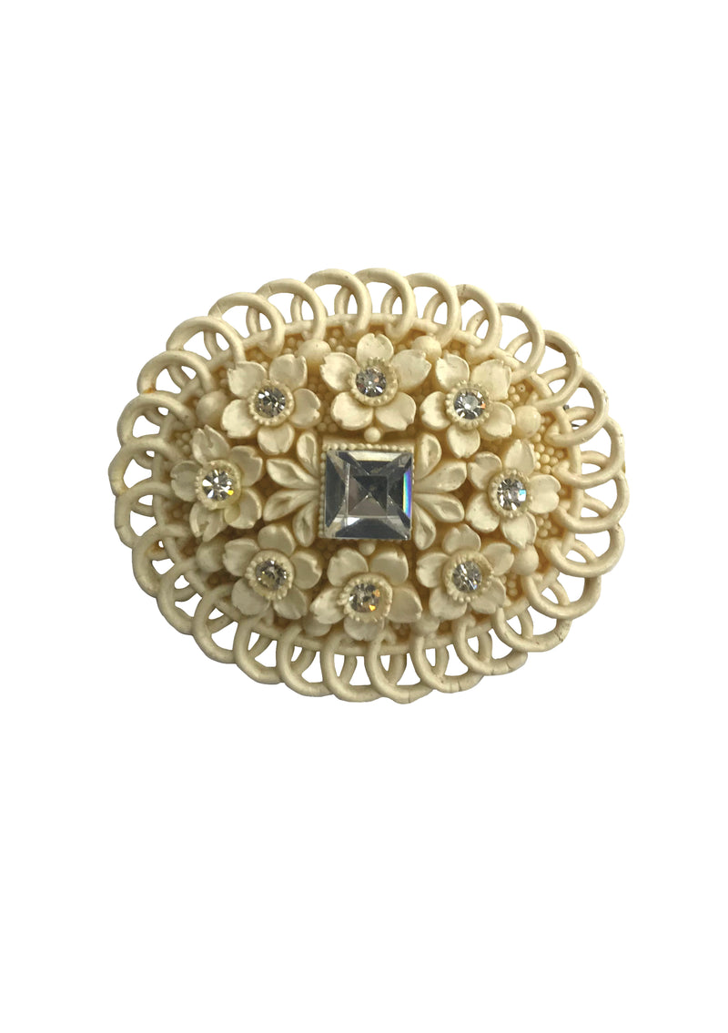 Vintage 1930s Cream Celluloid Brooch with Rhinestones - New!