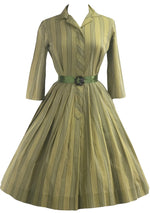 Late 1950s Sage Green Ticking Stripe Cotton Dress- New!
