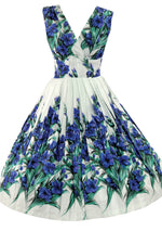 1950's Style Blue Iris Floral Print Recreation Dress - New!