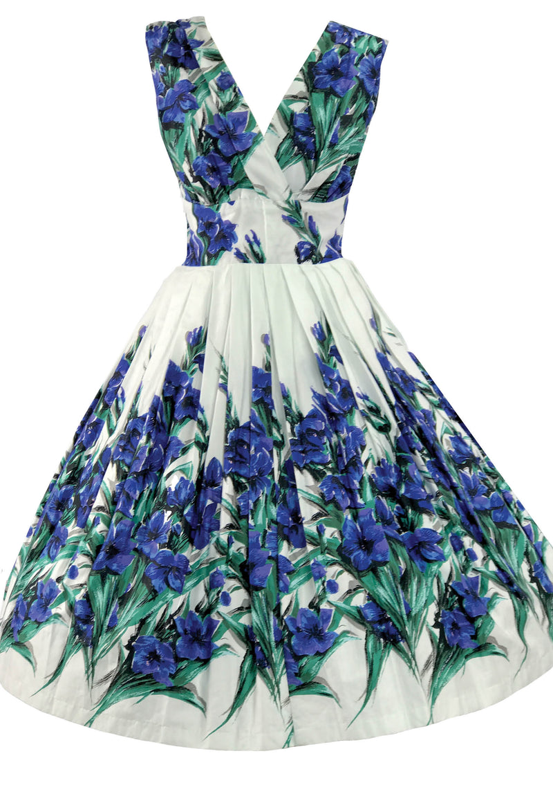 1950's Style Blue Iris Floral Print Recreation Dress - New! Coutura Vintage 1950's Style Blue Iris Floral Print Recreation Dress - New! Coutura Vintage