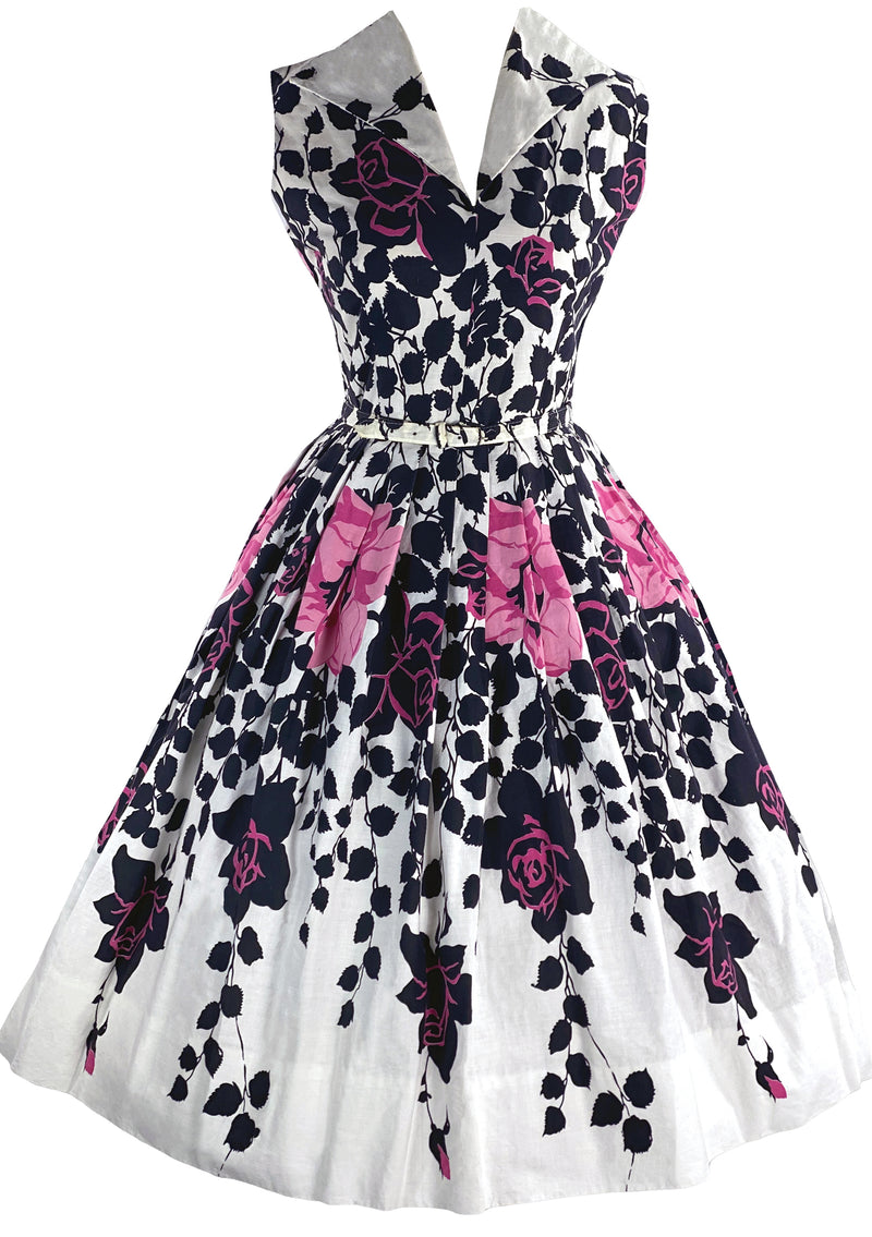 1950s Pink and Black Roses Border Print Cotton Dress- New!