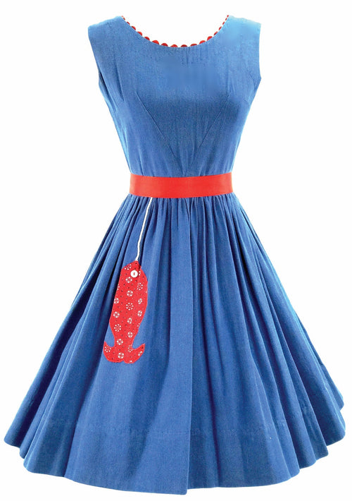 Vintage 1960 Blue Cotton Twill Dress with Fish Appliqué  - New!