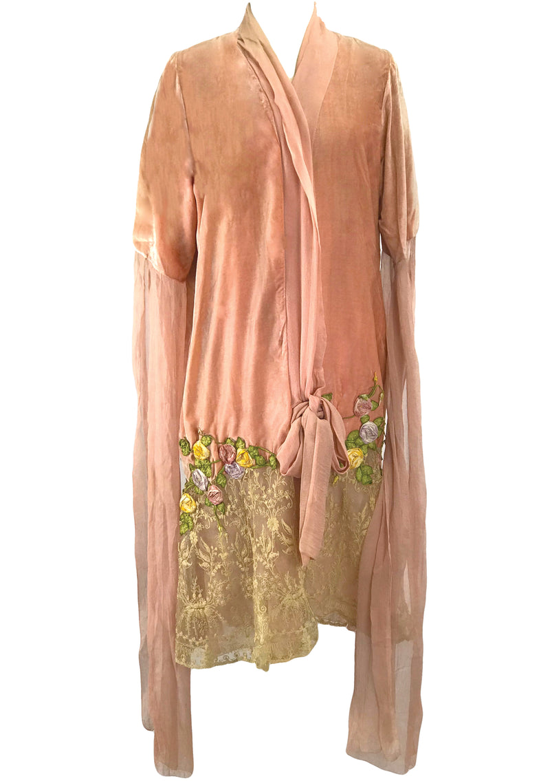 1920s Peach Velvet & Applique 3D Ribbon Roses Robe Coat- New!