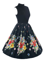 Beautiful 1950s Colourful Floral Black Cotton Skirt - New!