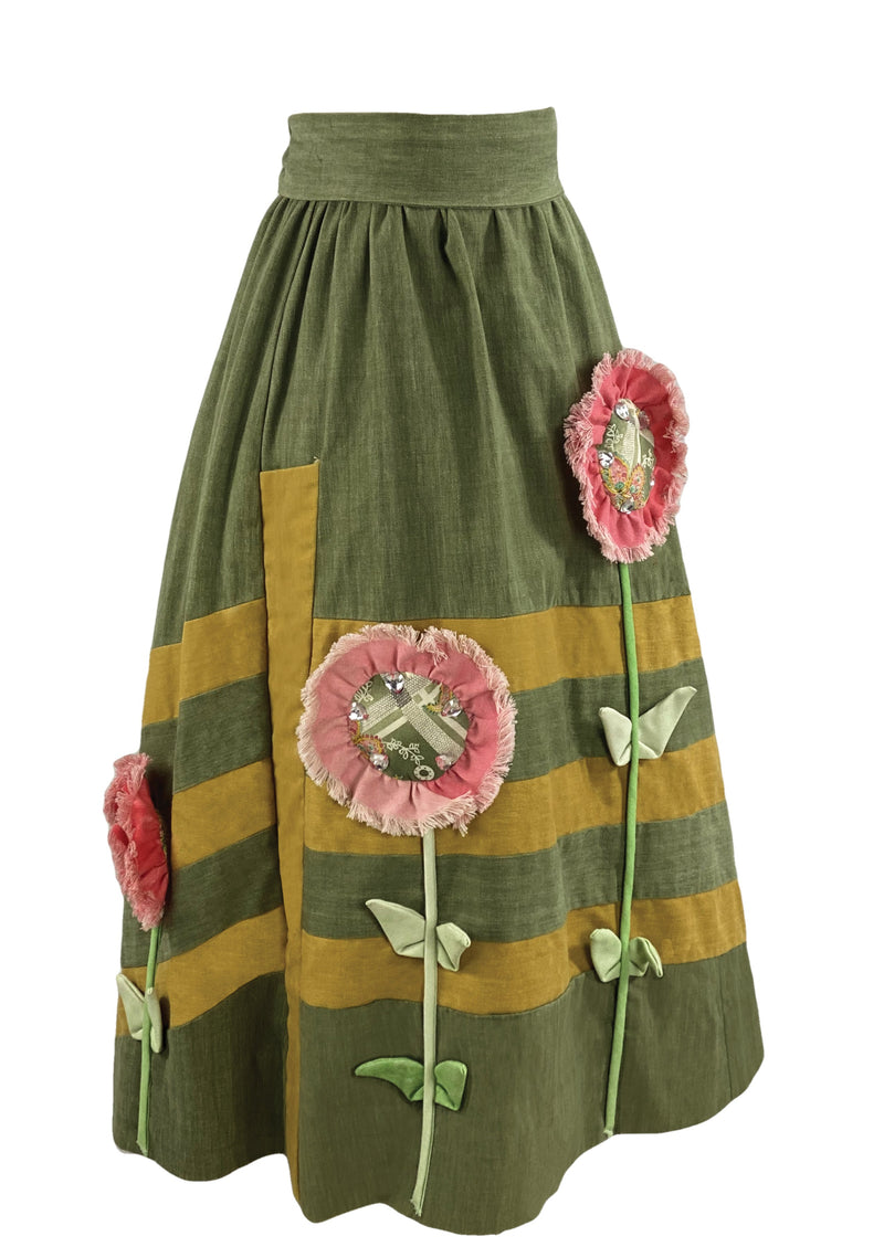Vintage 1970s Sunflower Appliqué Maxi Skirt by Designer Chessa Davis - New!