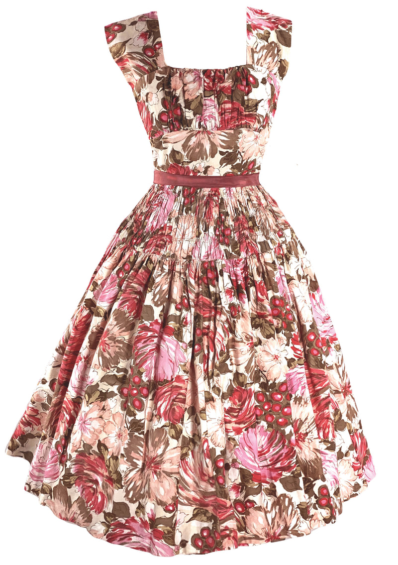 Vintage 1950s Pink Novelty Floral Cotton Dress- New!