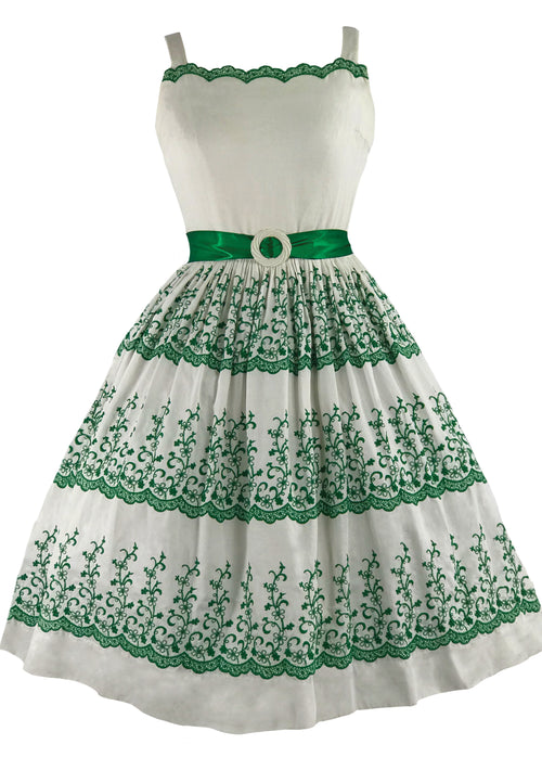 1950s Ivory Cotton Dress with Green Embroidery- New!