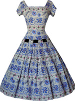 1950's Blue Floral Tapestry Print Cotton Dress- New
