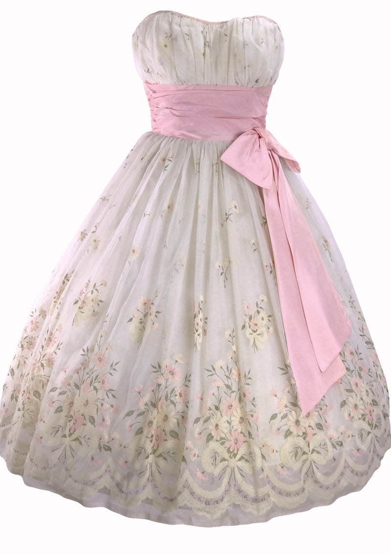 1950s Ivory and Pink Garland Flocked Party Dress - New!