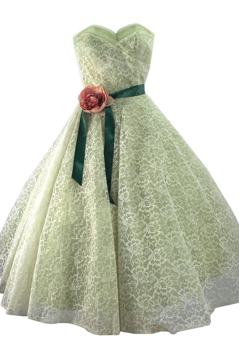 Vintage 1950s Pistachio Green Net Lace Party Dress - New!