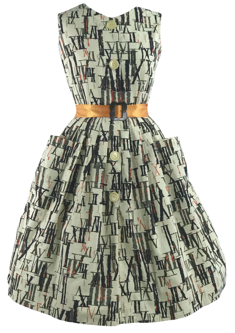 Late 1950 Early 1960 Latin Numerals Novelty Print Cotton Dress - New!
