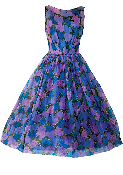 1950's Blue & Purple Floral Chiffon Party Dress- New!