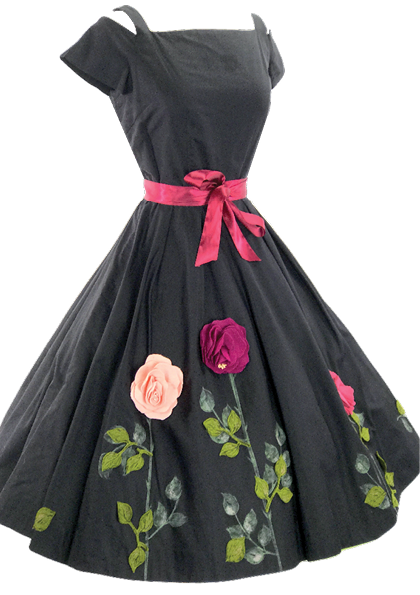 1950s Black Cotton Dress with 3D Felt Flowers- New!