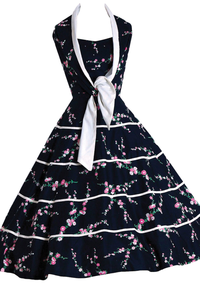 1950s Pink Floral on Black Party Dress Ensemble - New!