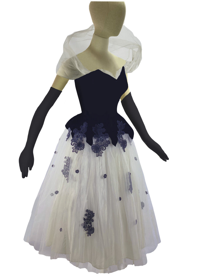 Vintage 1950s Black Velvet & Ivory Tulle Party Dress - New!