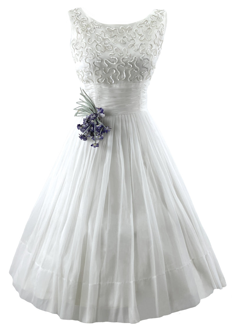 Late 1950s Early 1960s White Chiffon Cocktail / Wedding Dress- New!