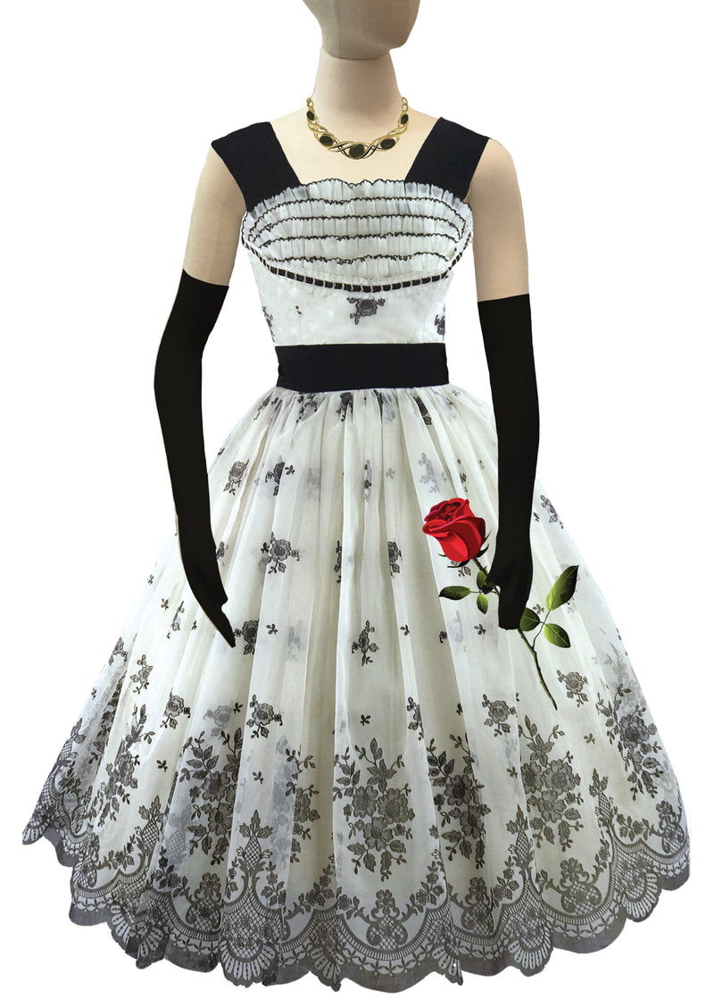 Vintage 1950s B&W Flocked Chiffon Party Dress - New!