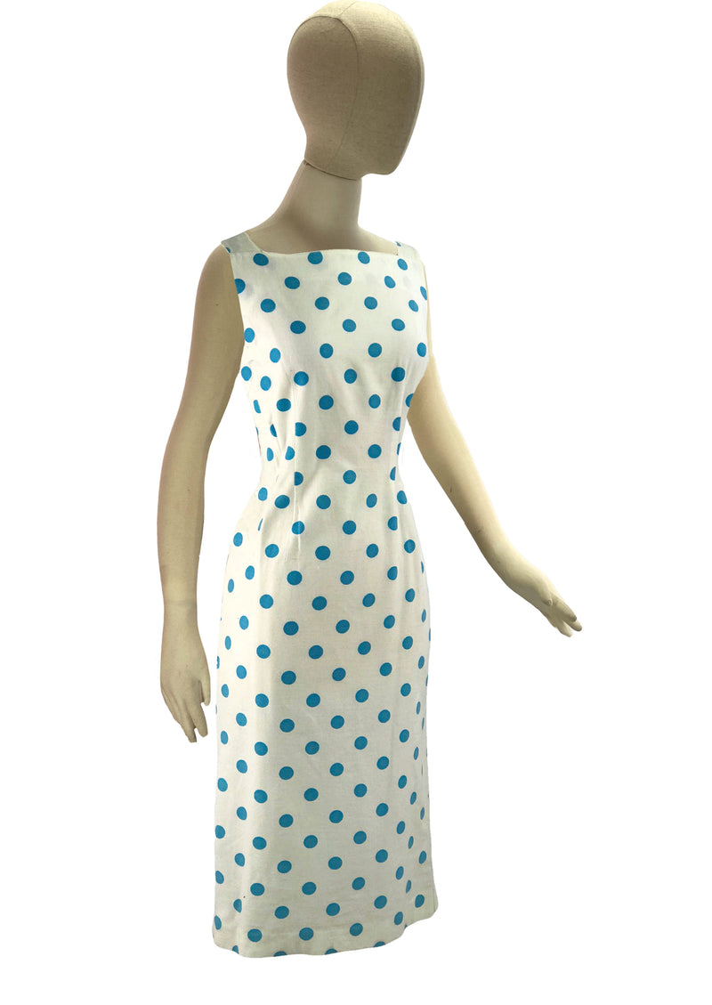 Late 1950s Early 1960s White Pique & Blue Polka Dots Dress Ensemble - New!