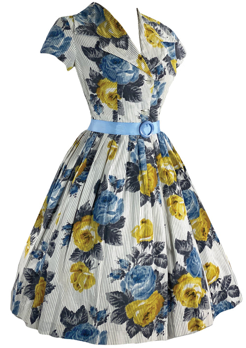 Late 150s Early 1960s Blue andYellow Roses Cotton- New!
