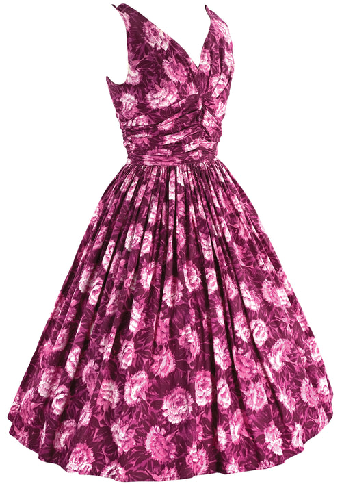 1950s Magenta Carnations Print Cotton Dress -  New!