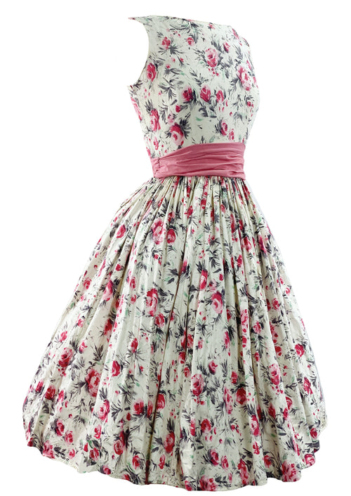 Vintage Late 1950s British Cotton Designer Dress with Pink Roses - New!