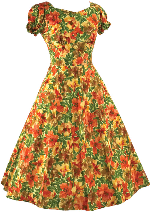 Pretty 1950s Orange Hibiscus Floral Cotton Dress - New!