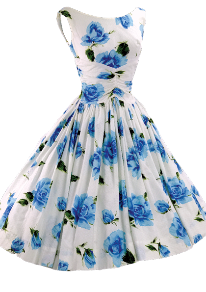 1950's Blue & White Large Roses Print Pique Cotton Dress - New!