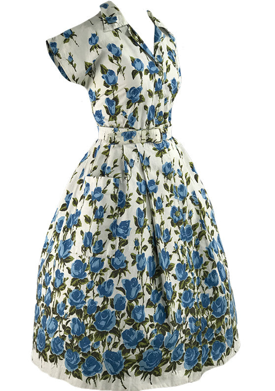 Vintage 1950s Blue Roses Border Print Cotton- New!