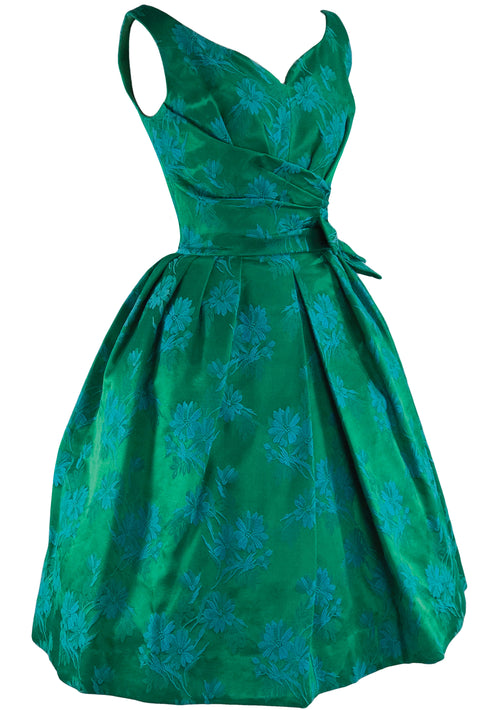 Late 1950s Early 1960s Green Floral Brocade Party Dress- New!