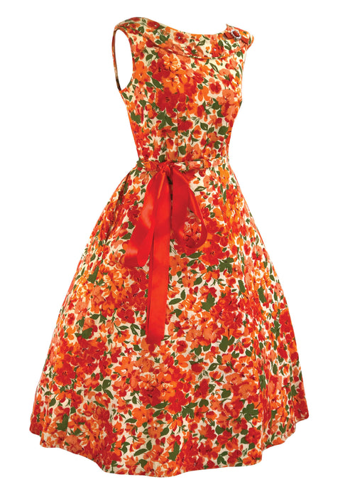 Vintage 1950s Vivid Orange & Red Cotton Floral Dress - New!