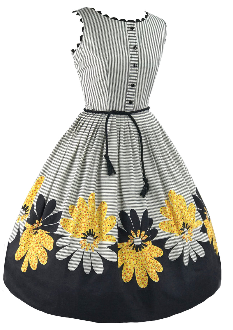 1950s B&W Stripe Sunflower Border Print Dress- New!