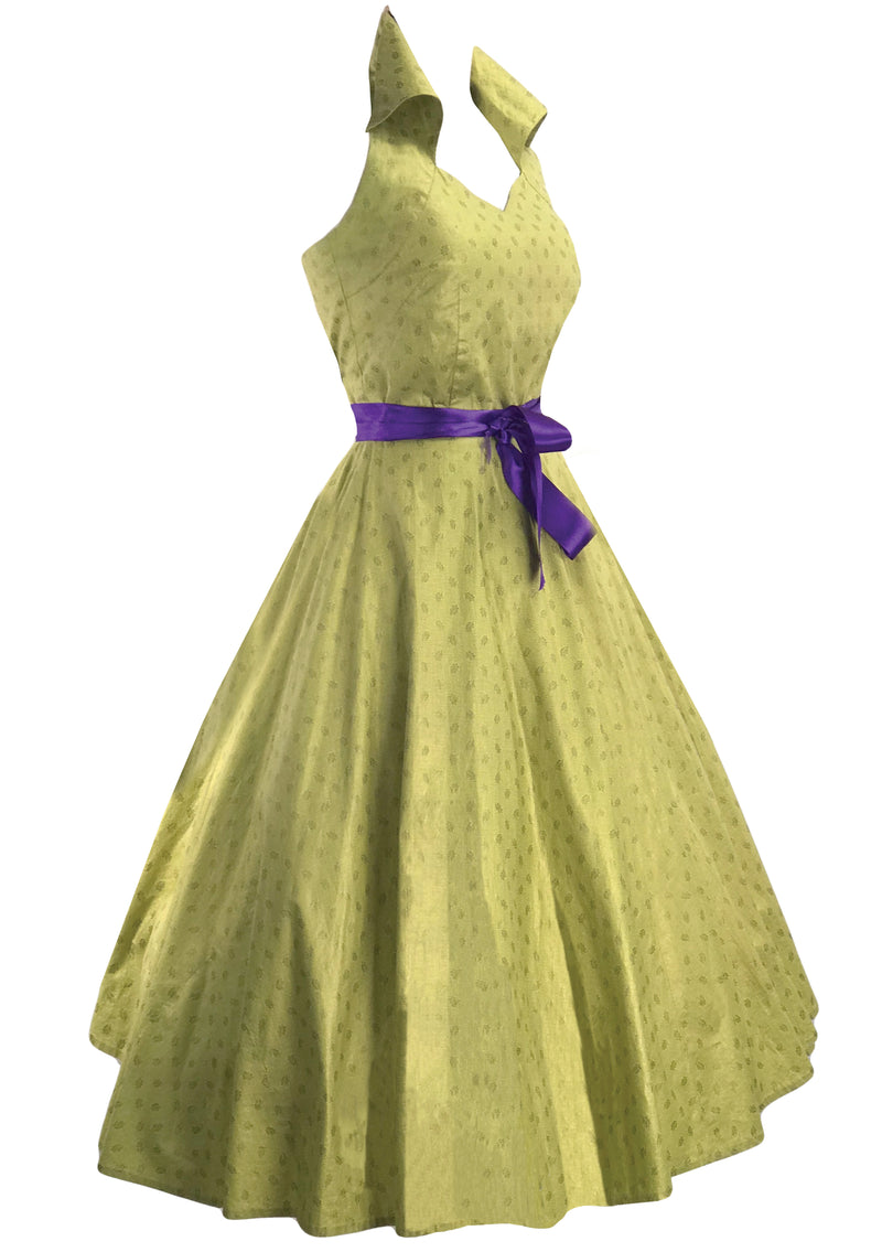 Stunning 1950s Chartreuse Halter Glazed Cotton Dress  - New!