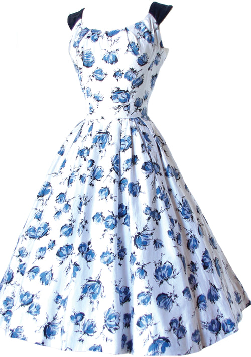 Vintage 1950's Blue Roses Print Dress- New!