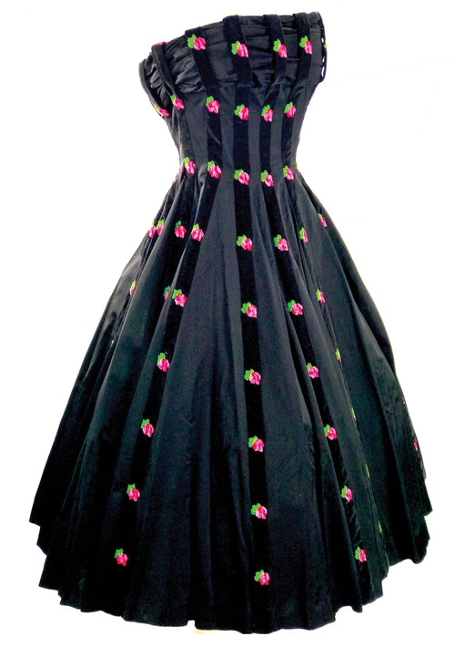 1950s Pink Roses Embroidered Black Satin Party Dress - New!