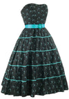 1950s Strapless Aqua Swallows Black Cotton Dress - New!
