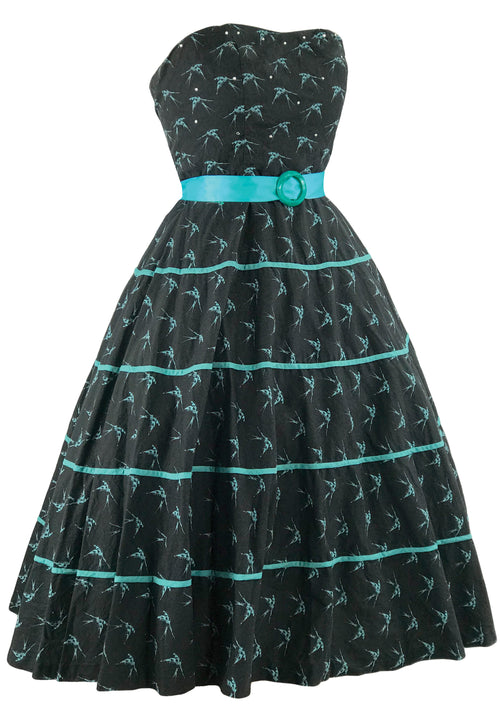 1950s Strapless Aqua Swallows Black Cotton Dress - New!