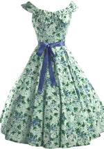 1950s Blue Violets & Green Leaves Cotton Dress- New! (ON HOLD)