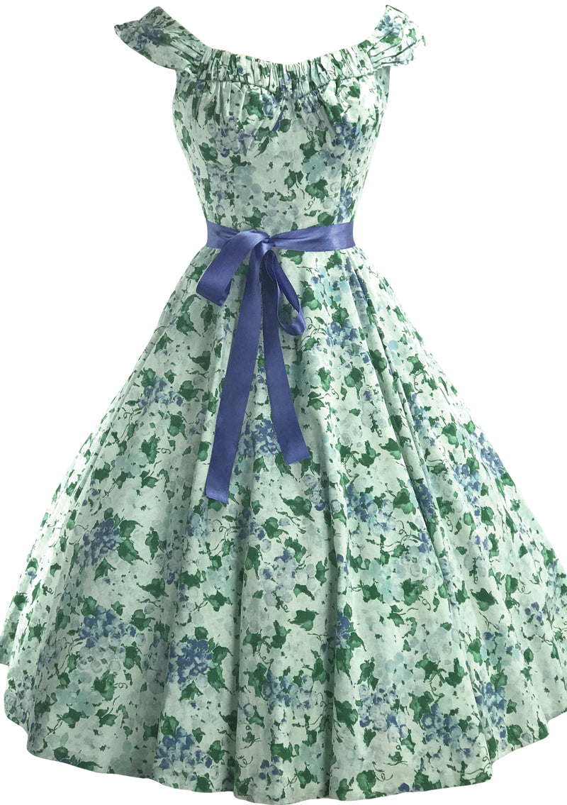 1950s Blue Violets & Green Leaves Cotton Dress- New! (ON HOLD)