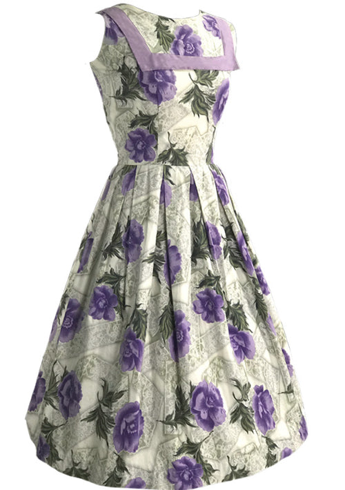 Vintage 1950s Purple Roses and Lace Print Dress - New!